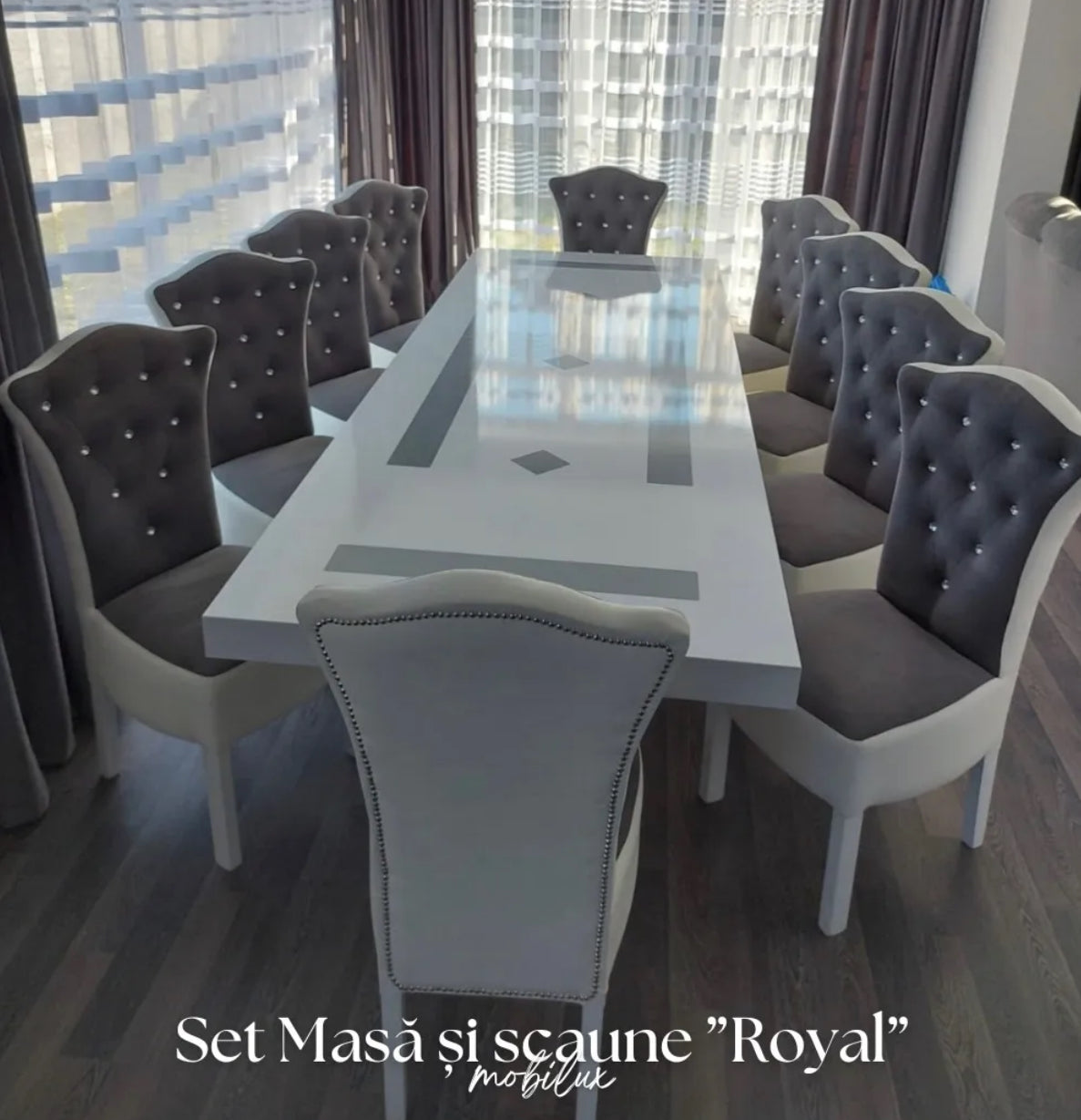 Set Masă și Scaune Royal, Alb&Gri