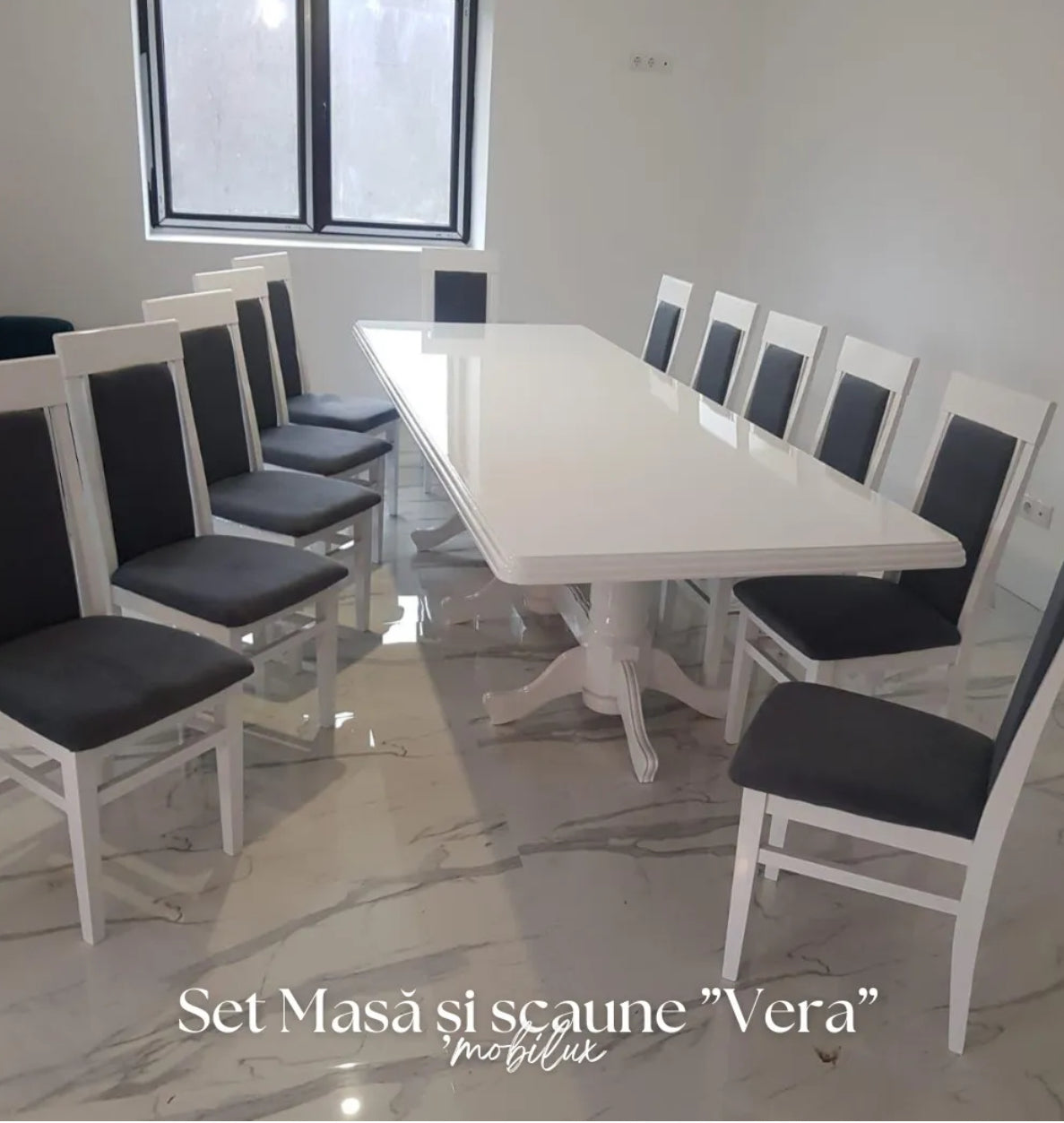 Set Masă și 12 Scaune, Lemn Masiv, VERA, alb lucios