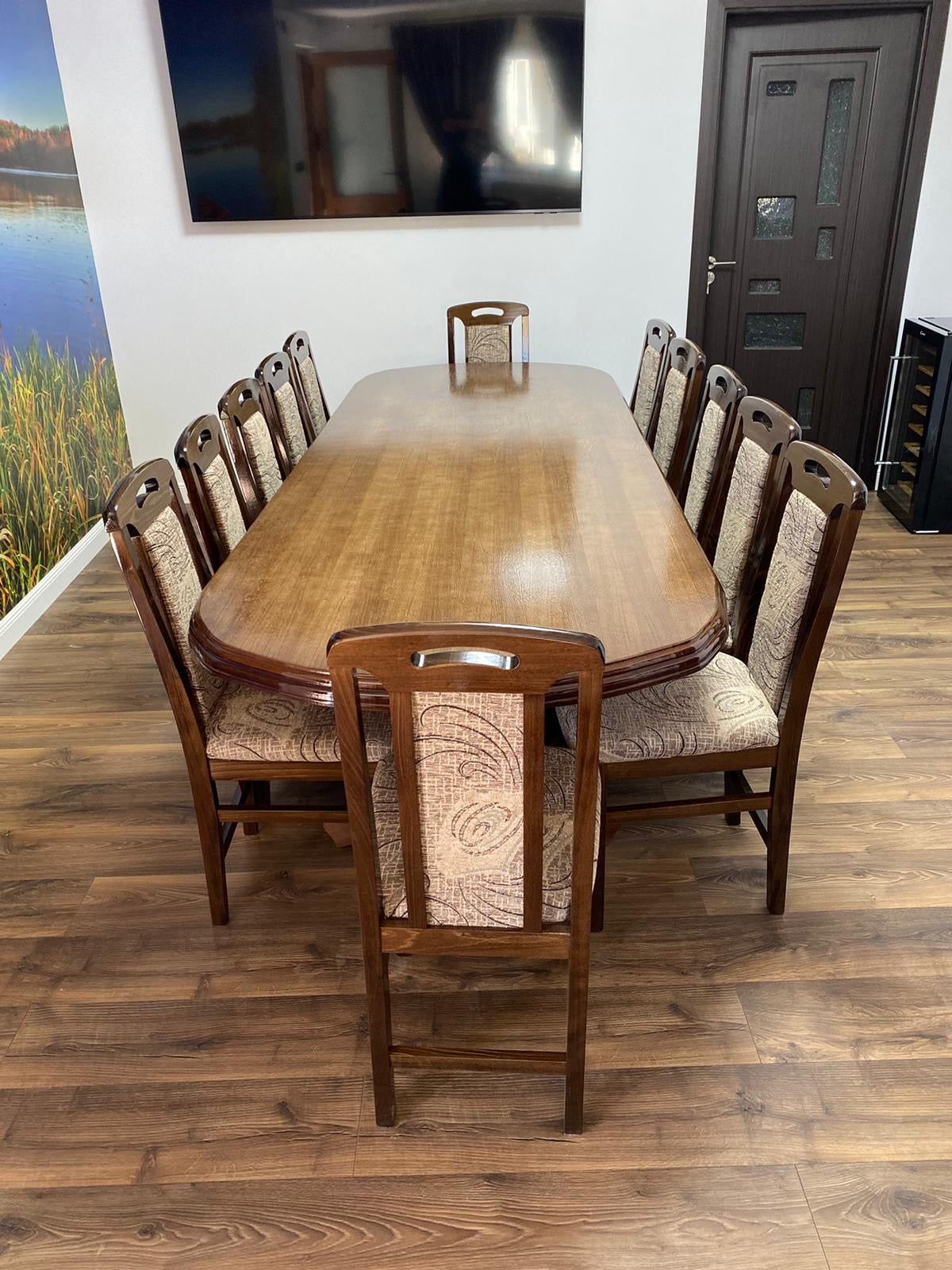 Set Masă și 12 Scaune, Lemn Masiv, nuanță NUC