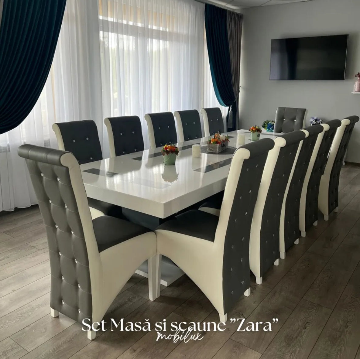 Set Masă și 12 Scaune Zara, Alb&Gri