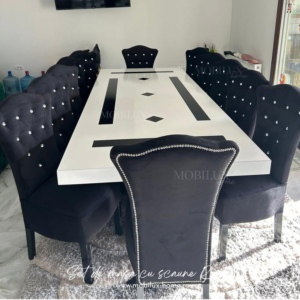 Set Masă și 12 Scaune Royal, Alb&Negru