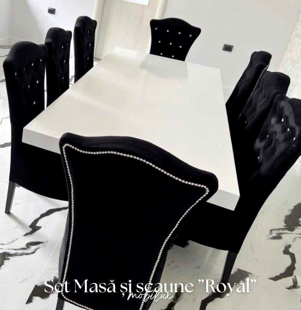 Set Masă și 12 Scaune Royal, Alb&Negru