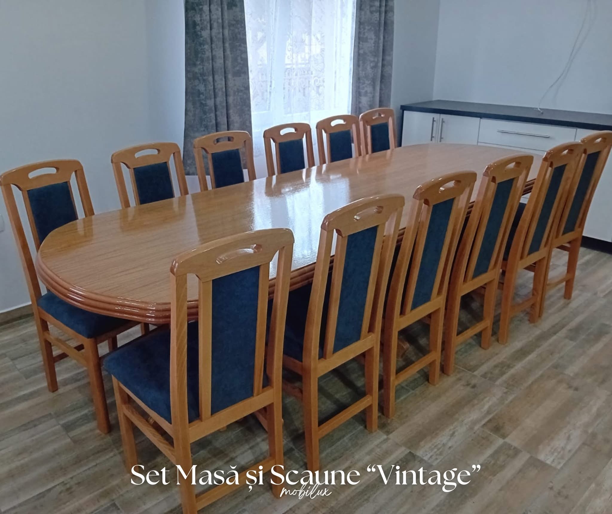 Set Masă și 12 Scaune, Lemn Masiv, nuanță STEJAR