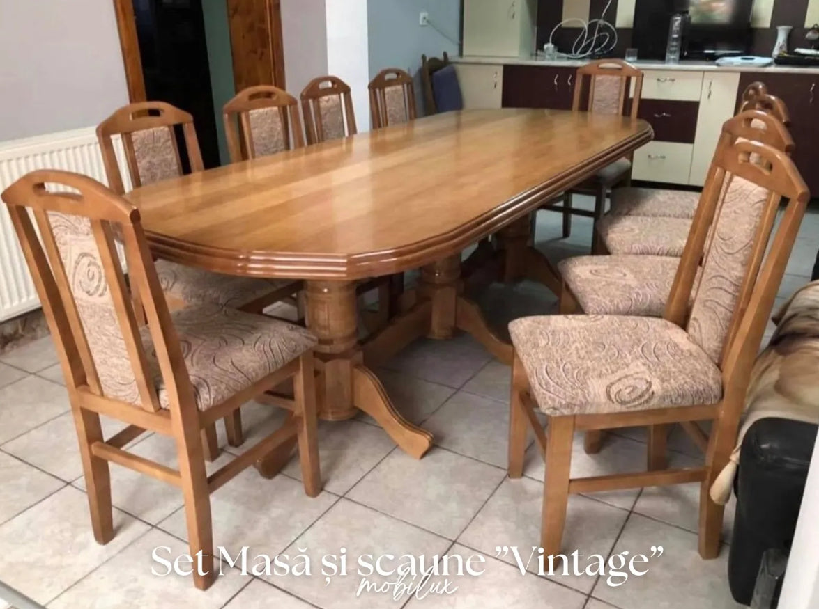 Set Masă și 12 Scaune, Lemn Masiv, nuanță STEJAR