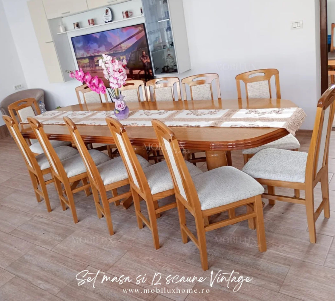Set Masă și 12 Scaune, Lemn Masiv, nuanță STEJAR