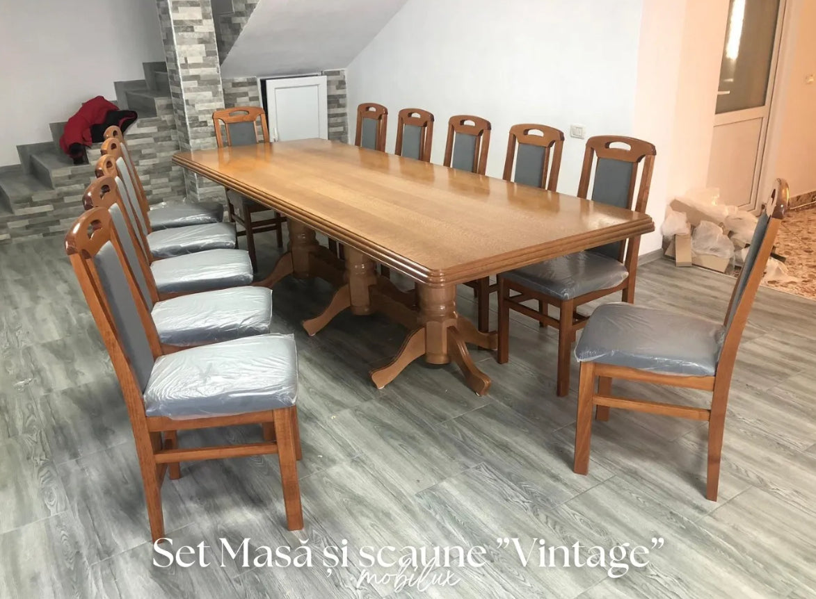 Set Masă și 12 Scaune, Lemn Masiv, nuanță STEJAR
