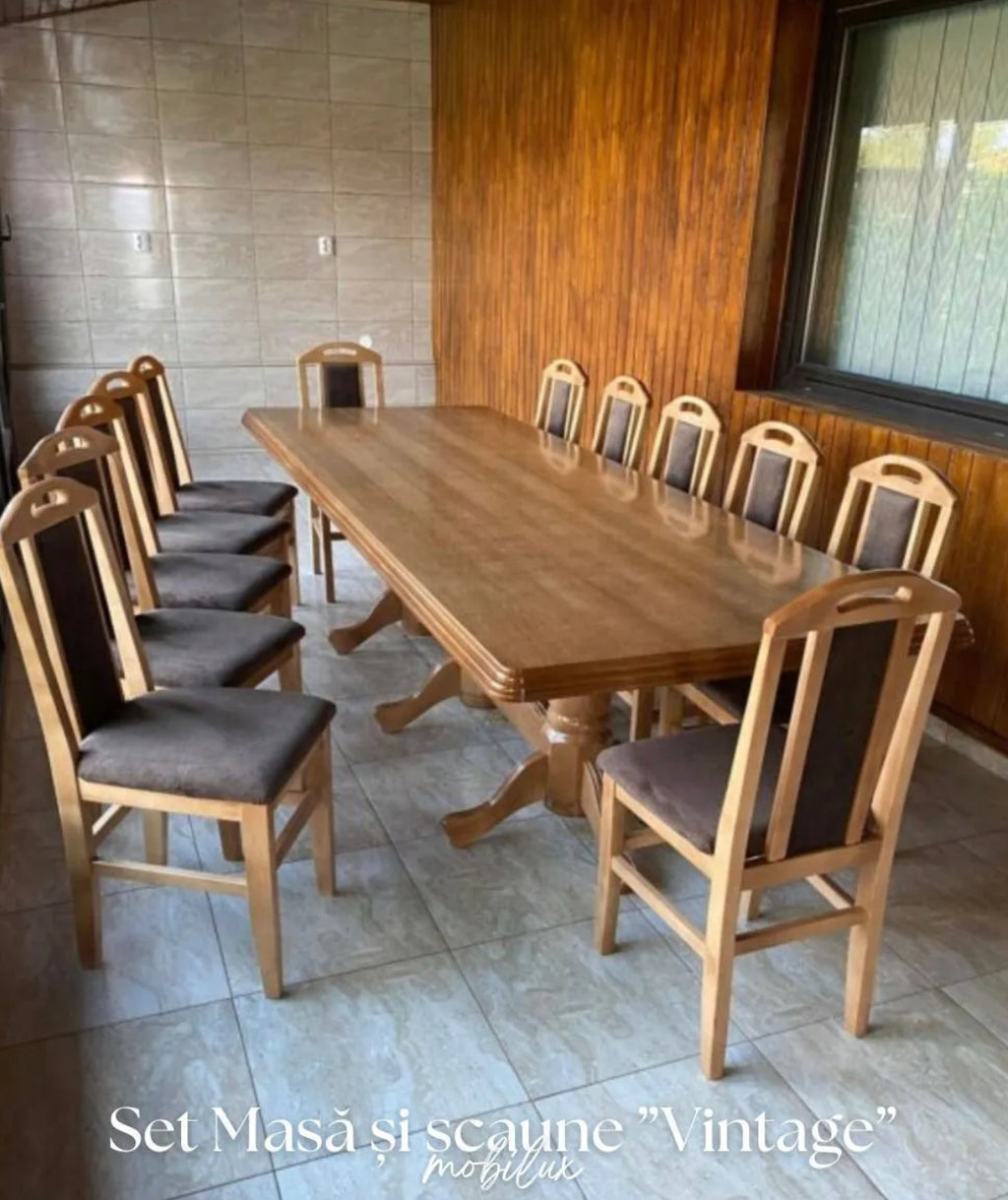 Set Masă și 12 Scaune, Lemn Masiv, nuanță STEJAR