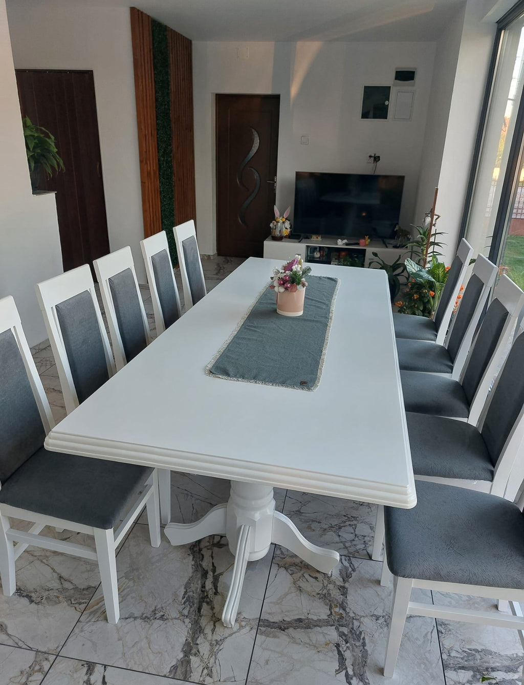 Set Masă și 12 Scaune, Lemn Masiv, VERA, alb lucios