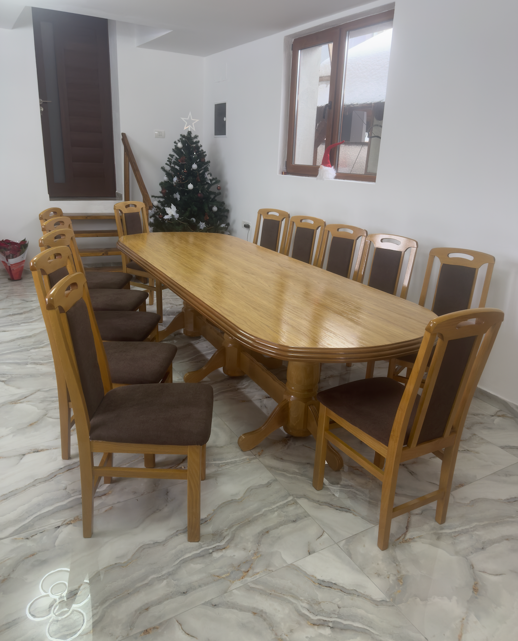 Set Masă și 12 Scaune, Lemn Masiv, nuanță STEJAR