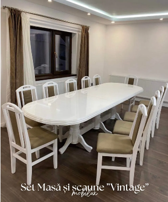 Set Masa si 12 Scaune Vintage, Alb&Gri