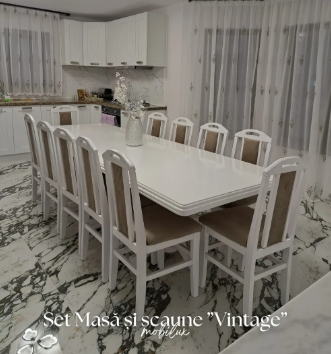 Set Masa si 12 Scaune Vintage, Alb&Gri