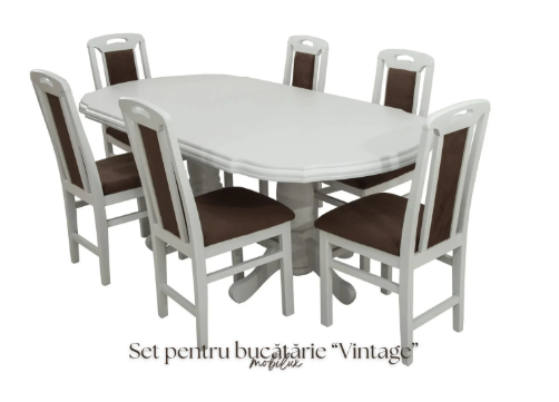 Set Masa si 12 Scaune Vintage, Alb&Gri